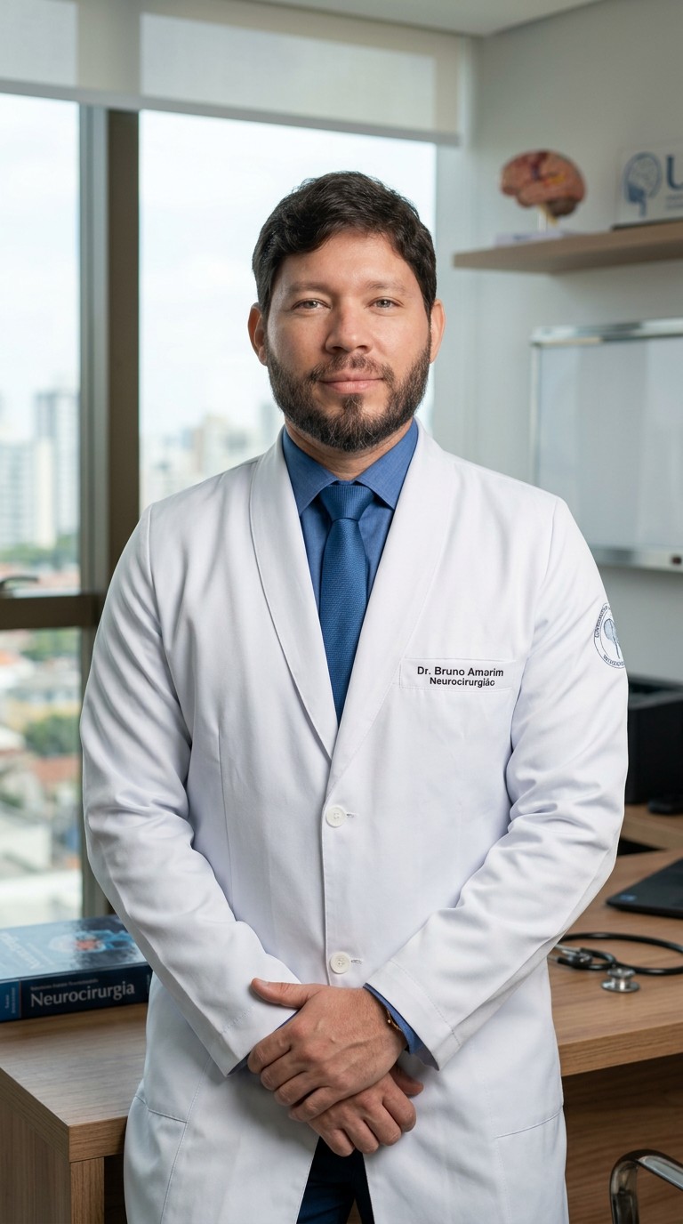 Dr. Bruno Amorim Coelho, neurocirurgião, em seu consultório